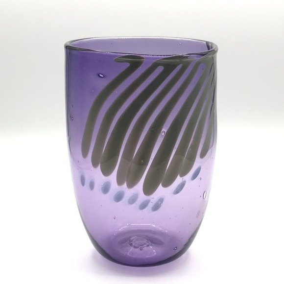 Vintage Michael Jaross Hand Blown Art Glass Swipe Vase Violet Clear 1980 Signed